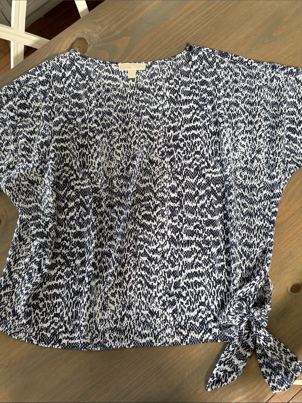 Michael Kors Navy & White Printed Side-Knot Blouse